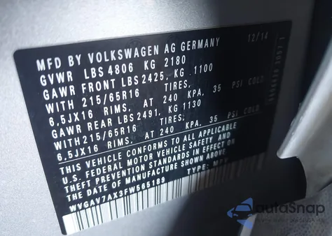 2015 Volkswagen Tiguan S from USA, damaged, VIN WVGAV7AX3FW565189
